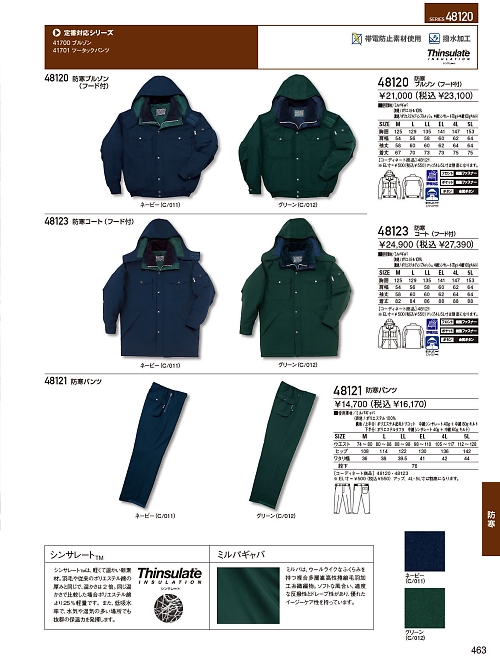 自重堂・JAWIN・制服百科,48120,防寒ブルゾン(フード付)の写真は2023-24最新のオンラインカタログの463ページに掲載されています。