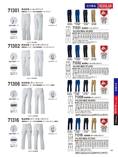 自重堂(JICHODO),71302 ノータックカーゴパンツの写真は2025-26最新オンラインカタログ179ページに掲載されています。