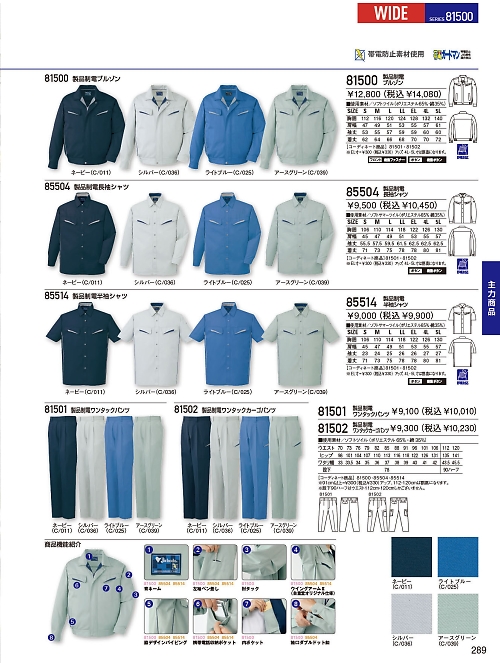 自重堂(JICHODO),81500,製品制電ブルゾンの写真は2025-26最新のオンラインカタログの289ページに掲載されています。