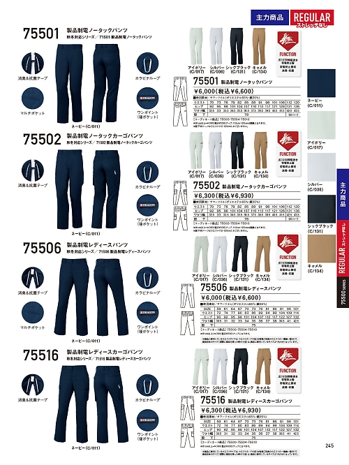 自重堂(JICHODO),75516 製品制電レディースカーゴパンツ(裏付)の写真は2026最新オンラインカタログ245ページに掲載されています。