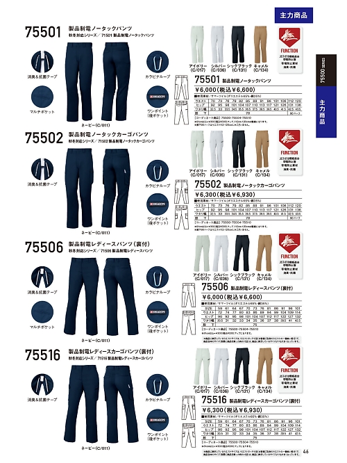 自重堂・JAWIN・制服百科,75506,製品制電レディースパンツ(裏付)の写真は2024最新カタログ46ページに掲載されています。