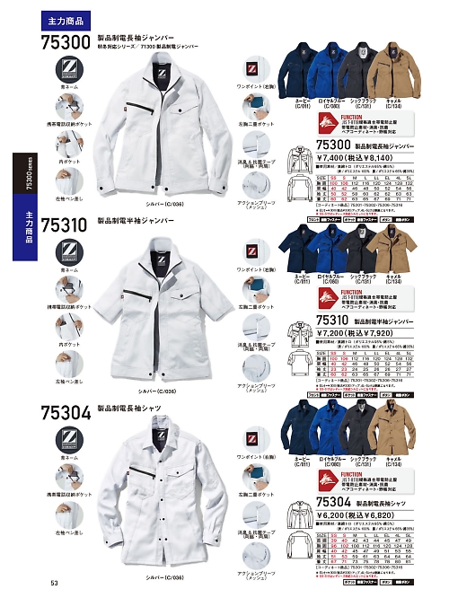 自重堂・JAWIN・制服百科,75304,製品制電長袖シャツの写真は2024最新カタログ53ページに掲載されています。