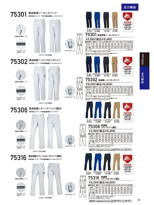 自重堂・JAWIN・制服百科,75306,製品制電レディースパンツの写真は2024最新カタログ54ページに掲載されています。