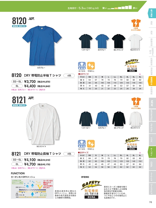 kokuraya（小倉屋）,8121,帯電防止長袖Tシャツの写真は2026最新のオンラインカタログの76ページに掲載されています。