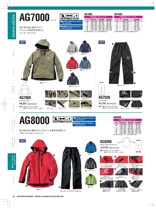 NAKATUKA CALJAC,AG8000,ストレッチレインスーツの写真は2024最新カタログ81ページに掲載されています。