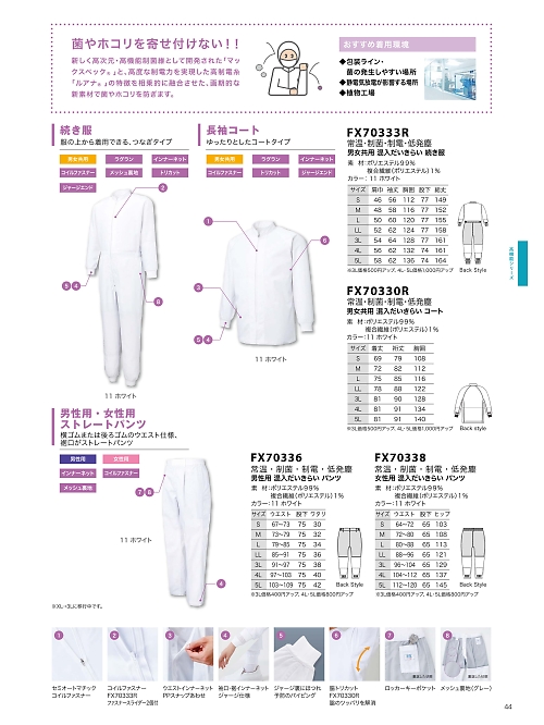 サンエス SUN-S,FX70333R,低発塵制菌制電続服の写真は2026最新カタログ44ページに掲載されています。