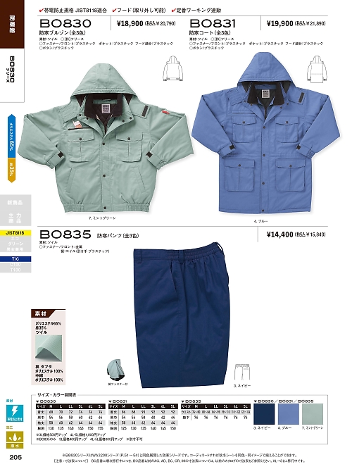 サンエス SUN-S,BO830,防寒ブルゾンBC830の写真は2021-22最新カタログ205ページに掲載されています。