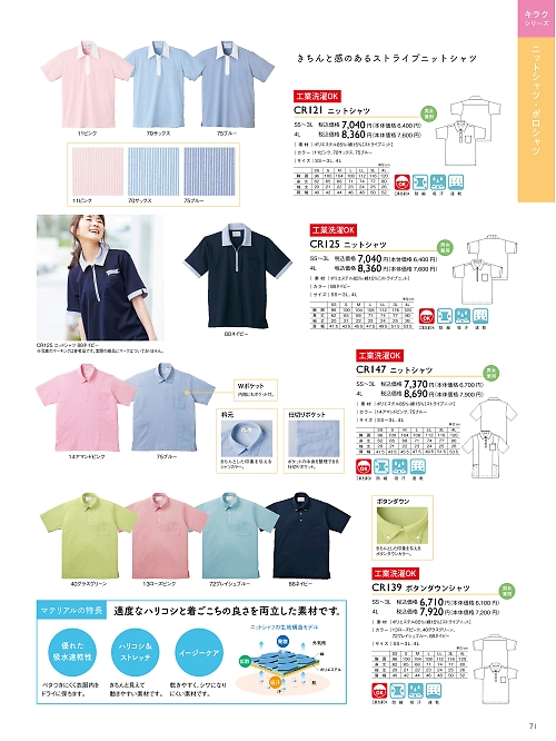 トンボ KIRAKU（キラク） ケアウェアー,CR139,ボタンダウンシャツの写真は2024最新のオンラインカタログの71ページに掲載されています。