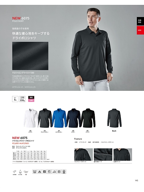 TSデザイン TS DESIGN [藤和],6075,ロングスリーブポロシャツの写真は2024最新カタログ145ページに掲載されています。