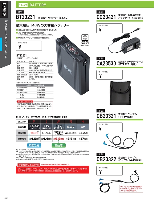 XEBEC ジーベック,BT23231 空調服バッテリー(14.4V)の写真は2026最新オンラインカタログ90ページに掲載されています。