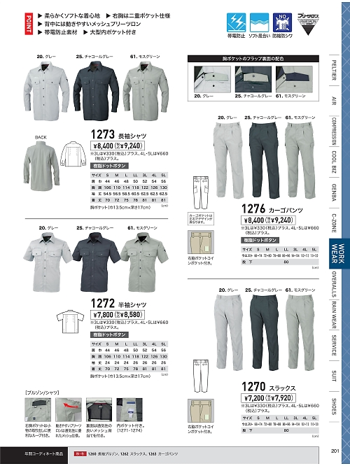 XEBEC ジーベック,1272,半袖シャツの写真は2026最新のオンラインカタログの201ページに掲載されています。