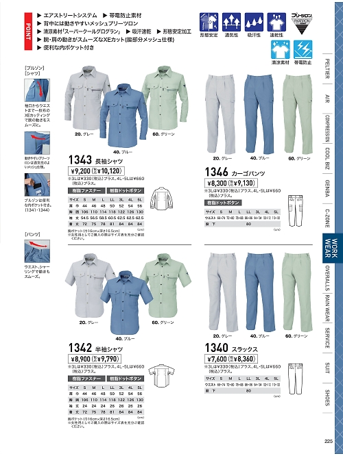 XEBEC ジーベック,1342,半袖シャツの写真は2026最新のオンラインカタログの225ページに掲載されています。