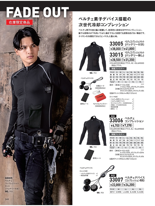 XEBEC ジーベック,33015,ペルチェコンプレッションセット(バッテリー無し)の写真は2026最新カタログ348ページに掲載されています。