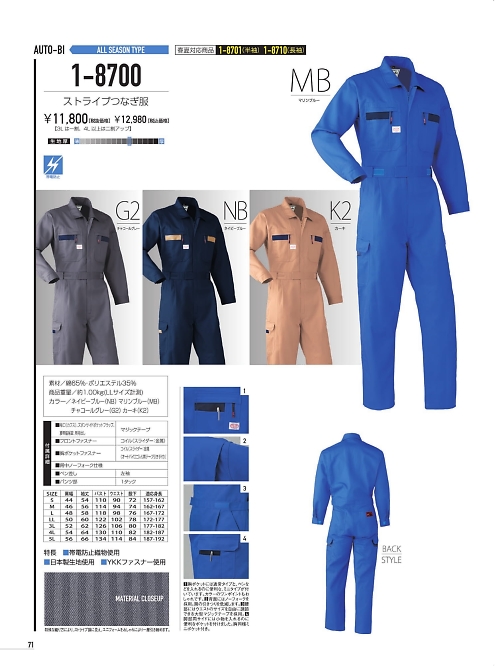 山田辰 DICKIES WORK　AUTO-BI THEMAN,1-8700,ストライプツヅキ服の写真は2021-22最新カタログ71ページに掲載されています。