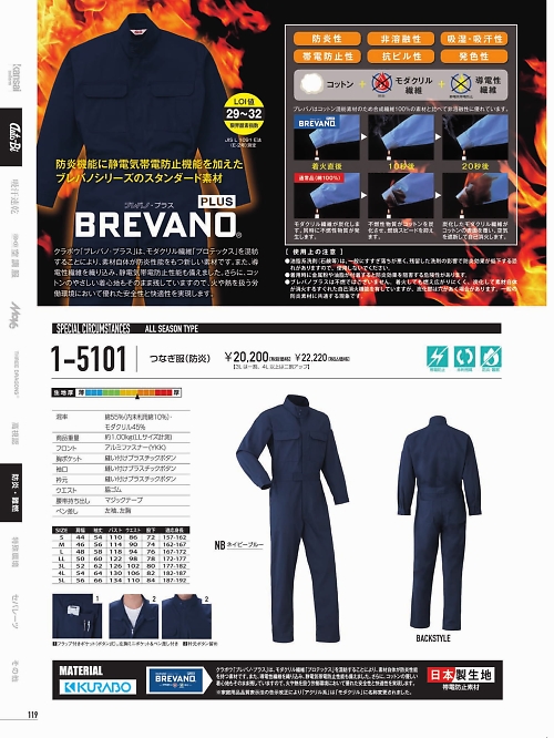 山田辰 DICKIES WORK　AUTO-BI THEMAN,1-5101,防炎ツヅキ服の写真は2022最新のオンラインカタログの119ページに掲載されています。