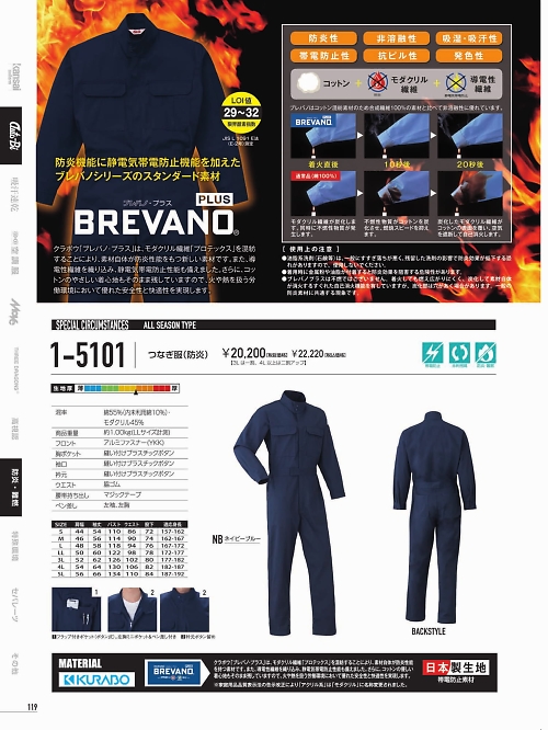 山田辰 DICKIES WORK　AUTO-BI THEMAN,1-5101,防炎ツヅキ服(ツナギ)の写真は2022最新のオンラインカタログの119ページに掲載されています。