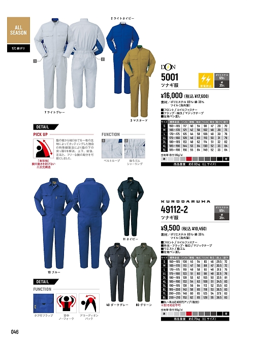 ヤマタカ Ｄｏｎ Yamataka,5001 ツナギ服(5000同商品)の写真は2024最新オンラインカタログ46ページに掲載されています。