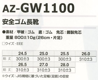 AZGW1100 長靴(先芯入)在庫限のサイズ画像