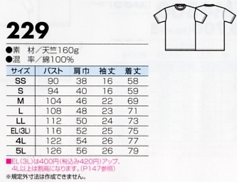 229 半袖Tシャツのサイズ画像