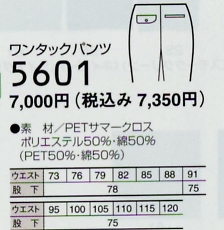 5601 パンツのサイズ画像