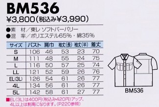 BM536 半袖シャツのサイズ画像