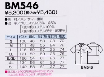 BM546 半袖シャツのサイズ画像