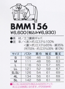 BMM156 ジャケット(12廃番)のサイズ画像