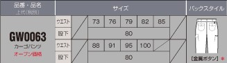 GW0063 カーゴパンツのサイズ画像