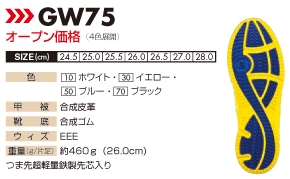 GW75 安全靴(セーフティーシューズ)のサイズ画像
