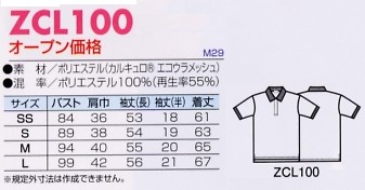 ZCL100 レディース半袖ポロシャツのサイズ画像
