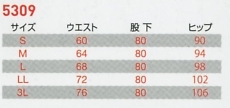 5309 レディースカーゴパンツのサイズ画像