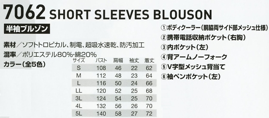 7062 半袖ブルゾンのサイズ画像