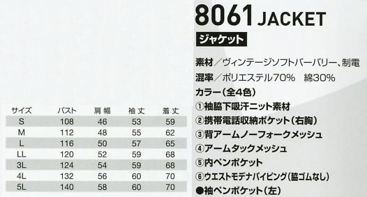 8061 ジャケットのサイズ画像