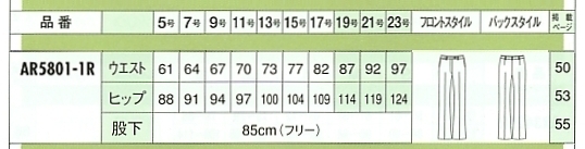 AR5801 パンツ(12廃番)のサイズ画像