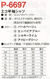 P6697 半袖シャツのサイズ画像