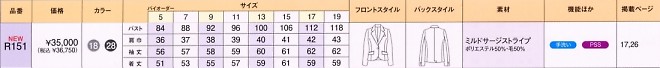 R151 ジャケットのサイズ画像
