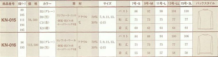 KN015 カーディガンのサイズ画像