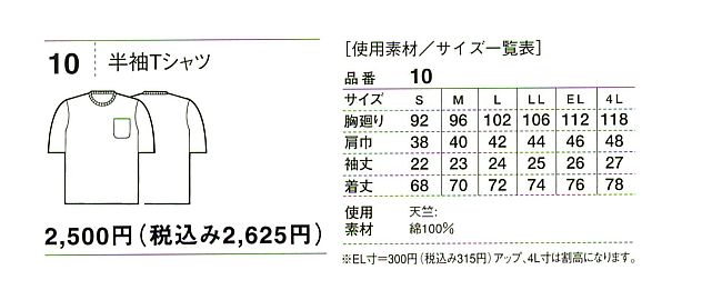 10 半袖Tシャツのサイズ画像