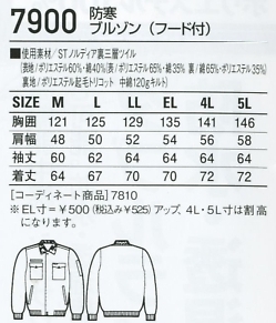 7900 ブルゾン(フード付)防寒のサイズ画像