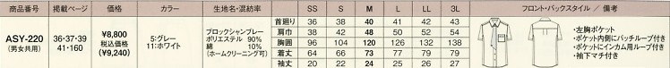 ASY220 半袖シャツのサイズ画像