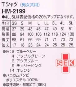 HM2199 Tシャツ(男女兼用)のサイズ画像