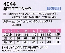 4044 エコTシャツ(11廃番予定)のサイズ画像