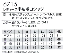 6715 レディース半袖ポロシャツのサイズ画像