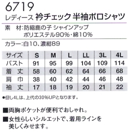 6719 レディース衿チェック半袖ポロのサイズ画像