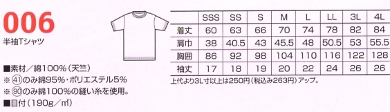 006 半袖Tシャツのサイズ画像