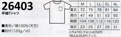26403 半袖Tシャツ(16廃番)のサイズ画像
