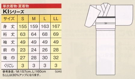 KI1067 単衣着物のサイズ画像