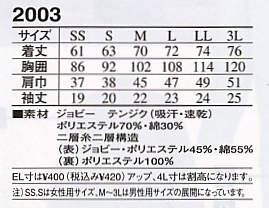 2003 Tシャツのサイズ画像