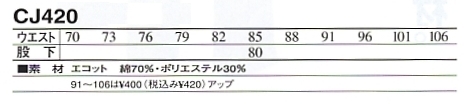 CJ420 ツータックカーゴパンツのサイズ画像