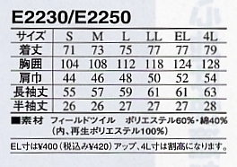 E2250 半袖シャツのサイズ画像